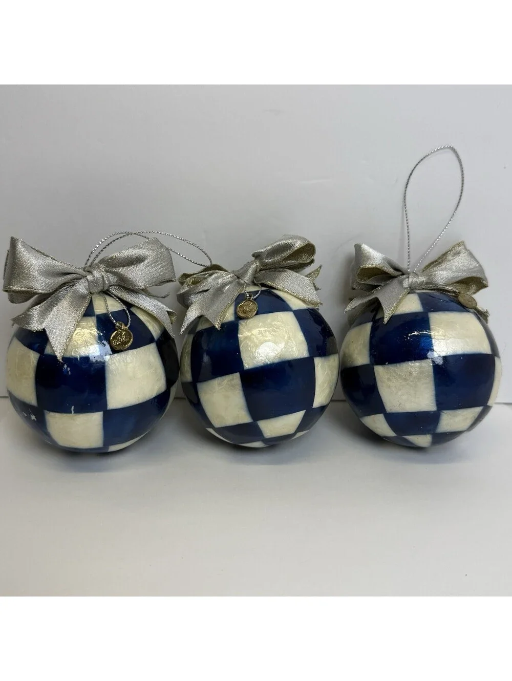 Mackenzie Childs Royal Harlequin Capiz Ball Ornaments Blue White Ribbon Lot Of 3